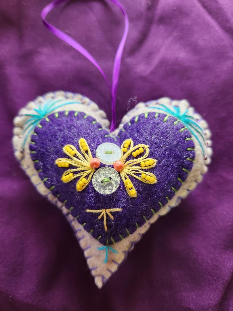 Cream and Purple Felt Heart Ornament (Copy)