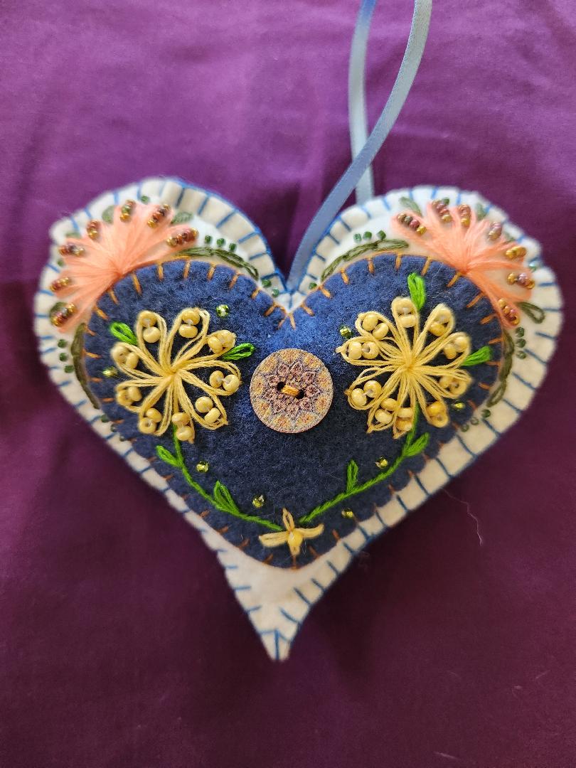 White and Blue Victorian Felt Heart Ornament