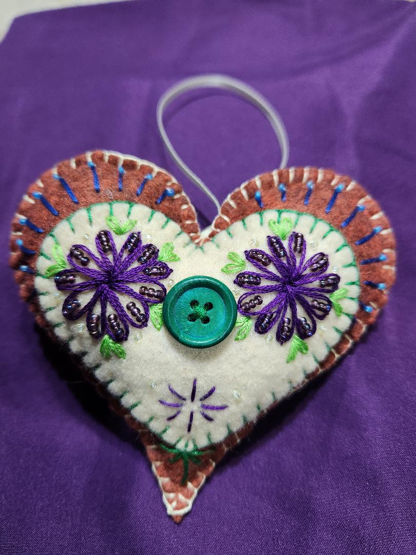 Rust and Cream Victorian Felt Heart Ornament