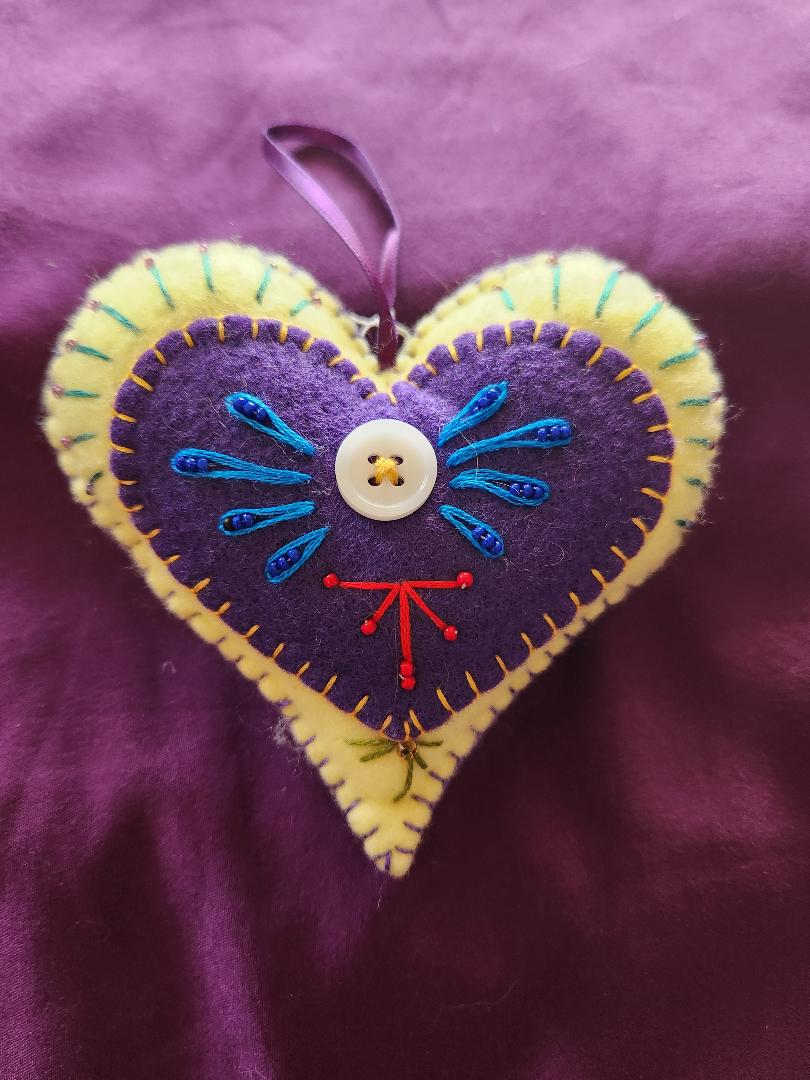 Pale Yellow and Purple Victorian Felt Heart Ornament