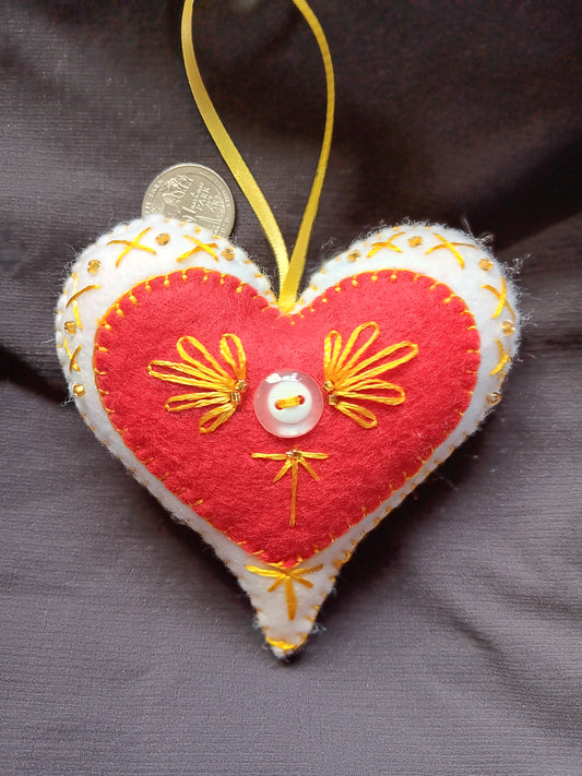 White and Red Felt Heart Ornament