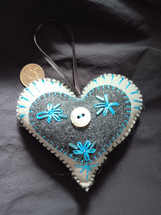 Gray and Black Felt with Blue Embroidery Heart Ornament