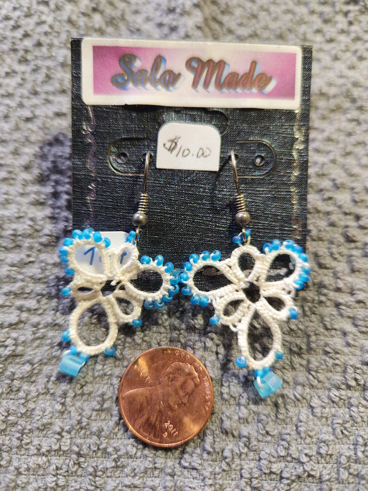 Tatted White Earrings with Pale Blue Beads