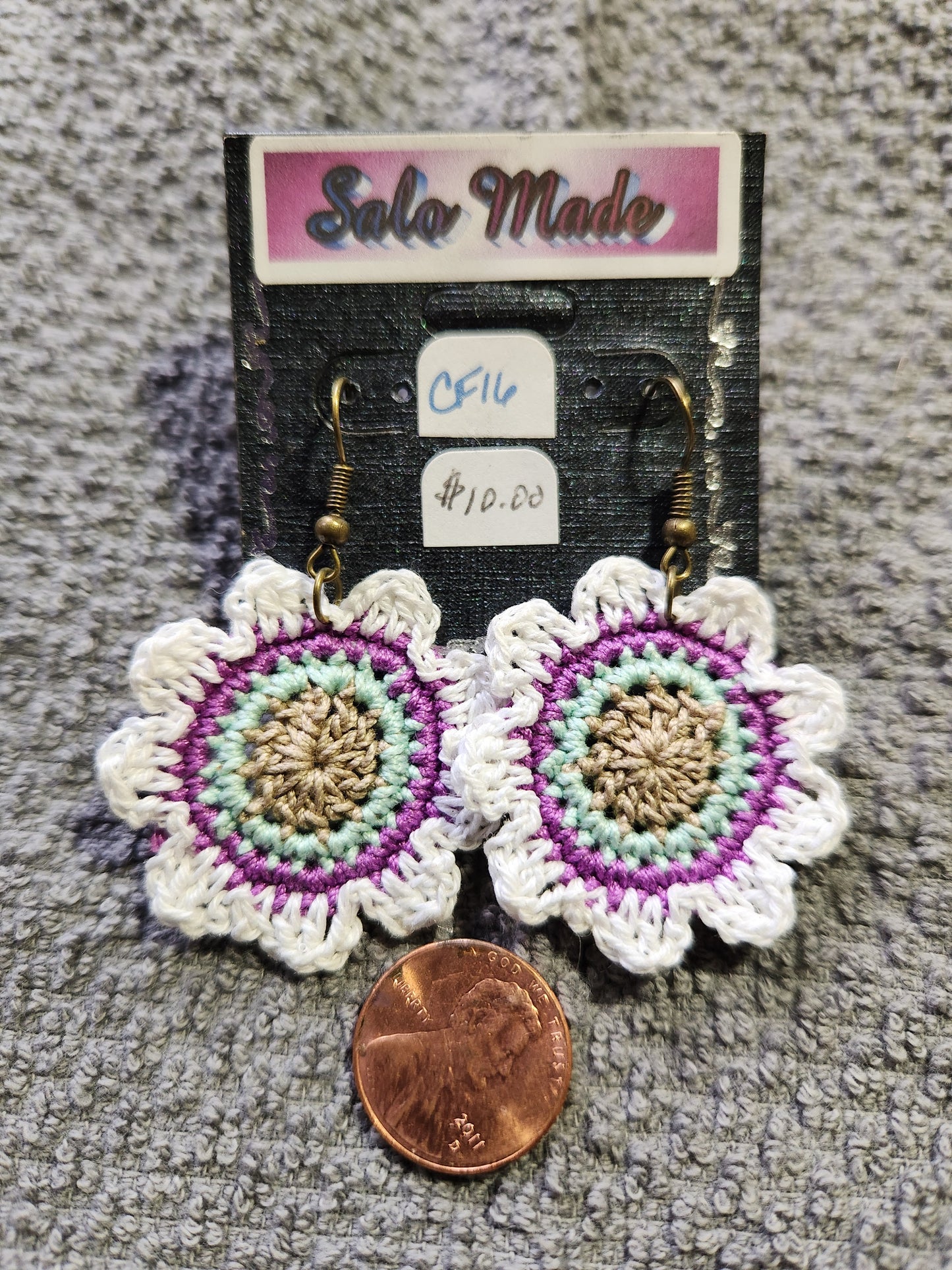 White Flower Earrings with sage, mint, and purple Center