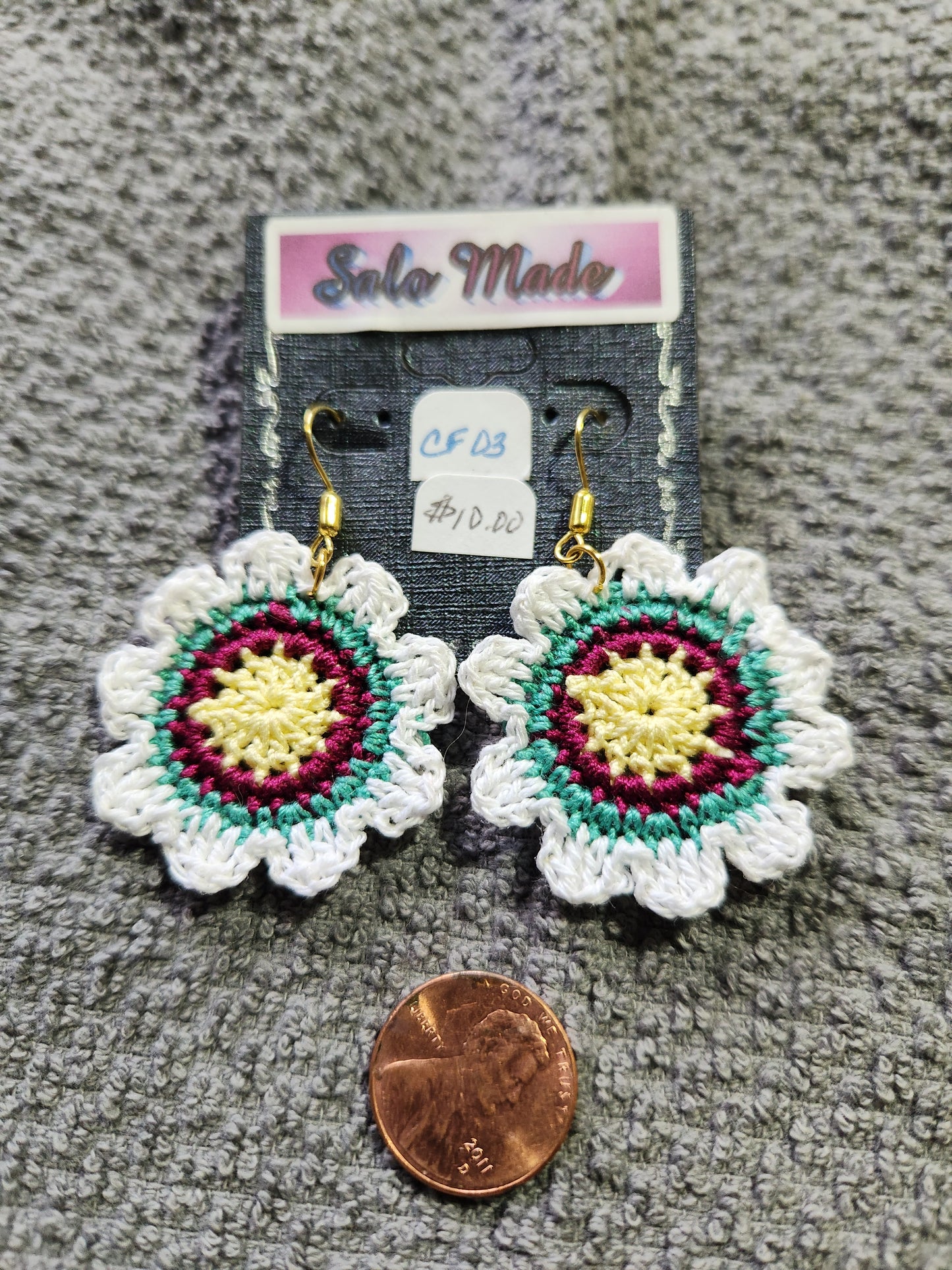 White Flower Earrings with Yellow, Maroon, and Jade Center