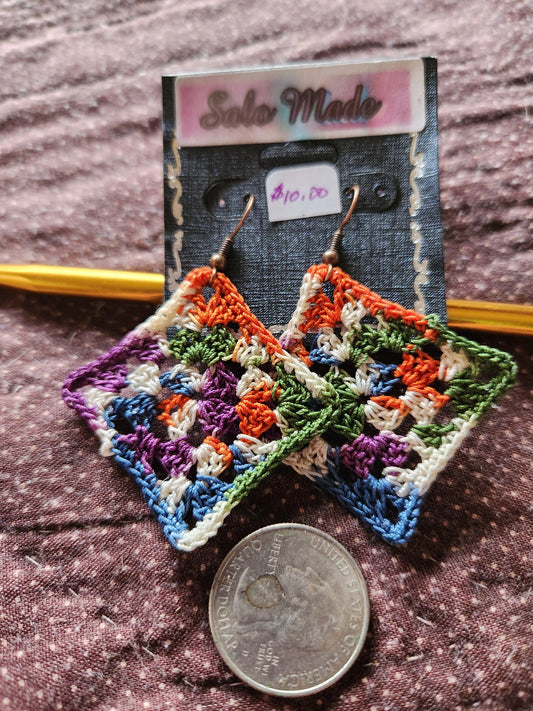 Multi-colored Granny Square Crocheted Earrings