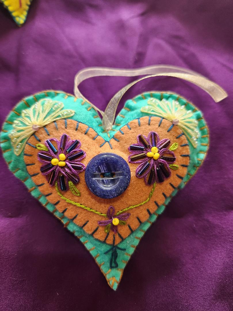 Flowery Aqua and Tan Embroidered Felt Heart Ornament