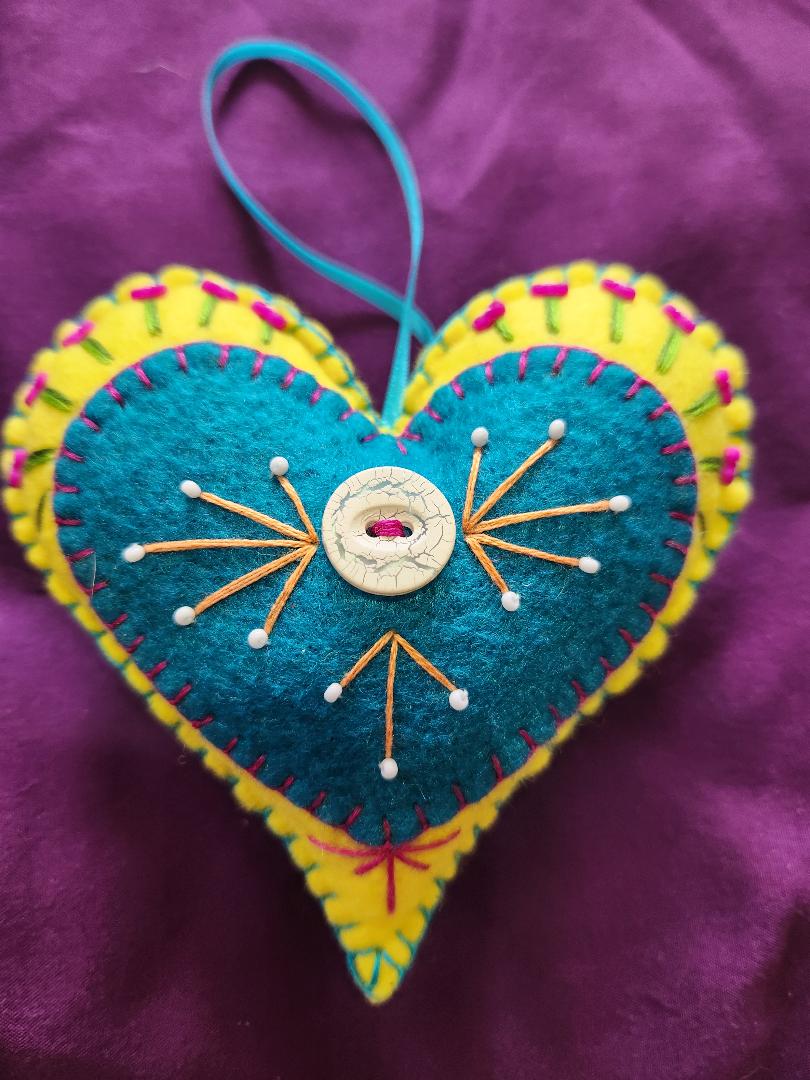 Yellow and Blue Felt Heart Ornament