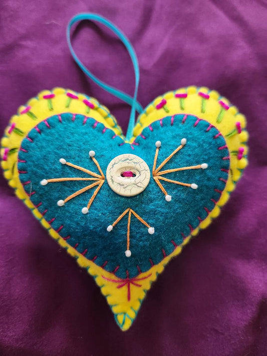 Yellow and Blue Felt Heart Ornament