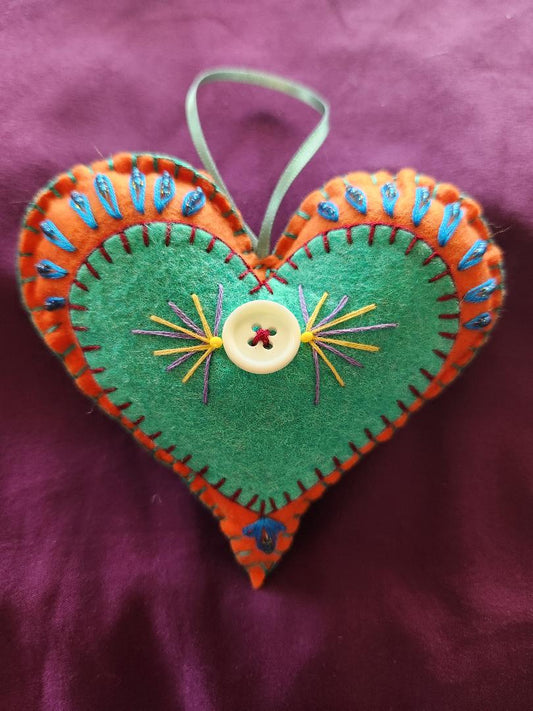 Orange and Aqua Victorian Felt Heart Ornament